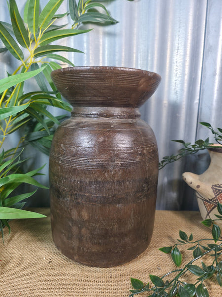 Vintage Antique Wabi Sabi Rustic Nepalese Turned Wooden Milk Water Curd Pot Vase