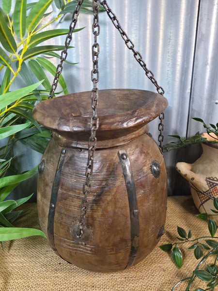 Vintage Antique Wabi Sabi Rustic Hanging Nepalese Wooden Water Curd Pot Vase