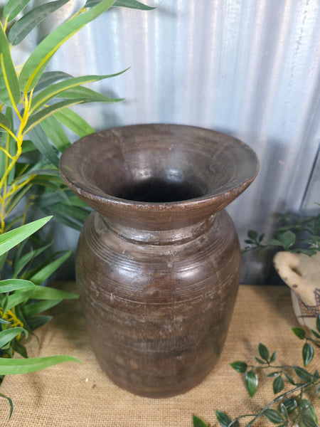 Vintage Antique Wabi Sabi Rustic Nepalese Turned Wooden Milk Water Curd Pot Vase