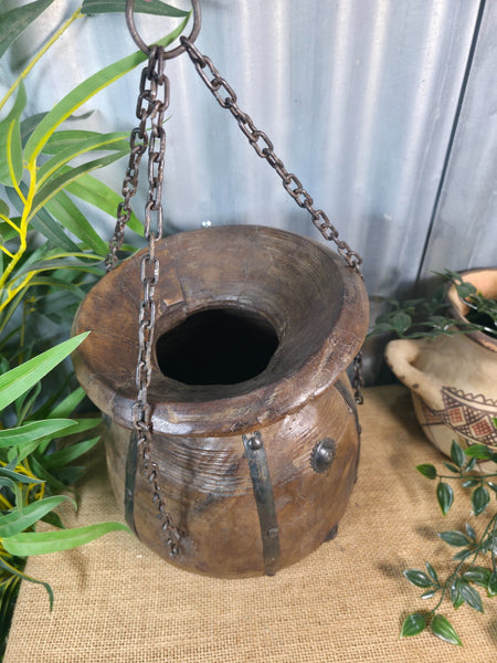 Vintage Antique Wabi Sabi Rustic Hanging Nepalese Wooden Water Curd Pot Vase