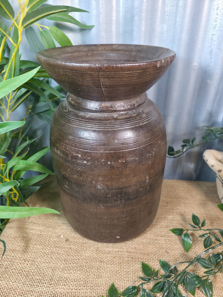 Vintage Antique Wabi Sabi Rustic Nepalese Turned Wooden Milk Water Curd Pot Vase