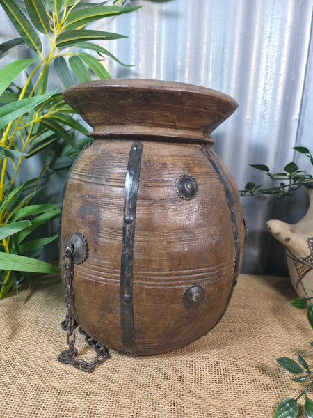 Vintage Antique Wabi Sabi Rustic Hanging Nepalese Wooden Water Curd Pot Vase