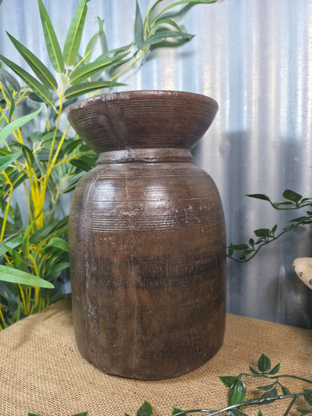 Vintage Antique Wabi Sabi Rustic Nepalese Turned Wooden Milk Water Curd Pot Vase