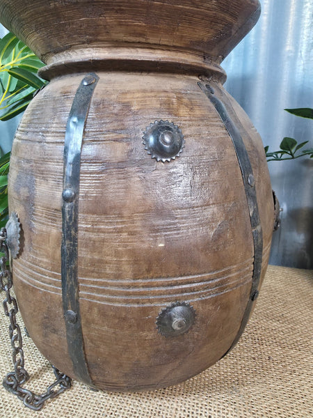 Vintage Antique Wabi Sabi Rustic Hanging Nepalese Wooden Water Curd Pot Vase