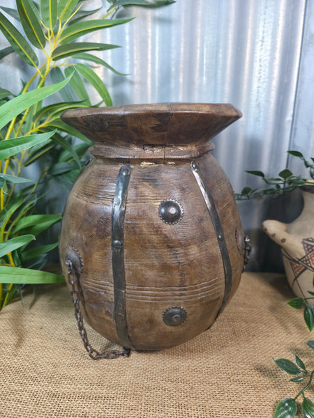 Vintage Antique Wabi Sabi Rustic Hanging Nepalese Wooden Water Curd Pot Vase