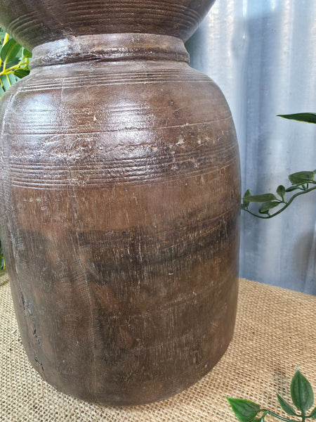 Vintage Antique Wabi Sabi Rustic Nepalese Turned Wooden Milk Water Curd Pot Vase