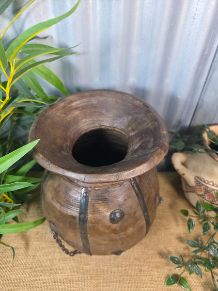 Vintage Antique Wabi Sabi Rustic Hanging Nepalese Wooden Water Curd Pot Vase