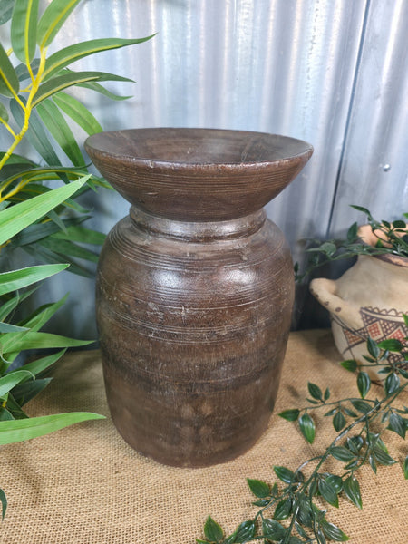 Vintage Antique Wabi Sabi Rustic Nepalese Turned Wooden Milk Water Curd Pot Vase