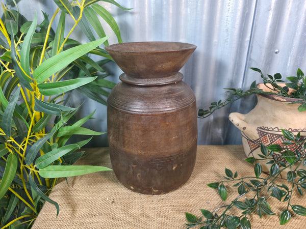 Vintage Antique Wabi Sabi Rustic Nepalese Turned Wooden Milk Water Curd Pot Vase
