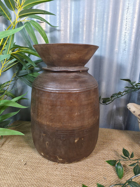 Vintage Antique Wabi Sabi Rustic Nepalese Turned Wooden Milk Water Curd Pot Vase