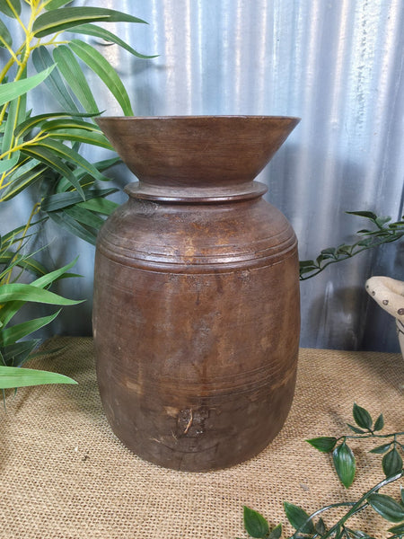 Vintage Antique Wabi Sabi Rustic Nepalese Turned Wooden Milk Water Curd Pot Vase