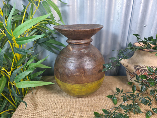 Vintage Antique Wabi Sabi Rustic Nepalese Turned Wooden Milk Water Curd Pot Vase