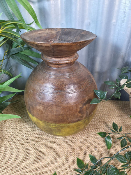 Vintage Antique Wabi Sabi Rustic Nepalese Turned Wooden Milk Water Curd Pot Vase
