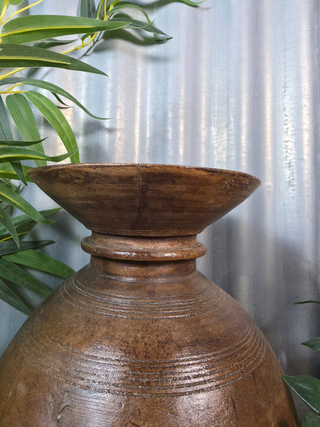 Vintage Antique Wabi Sabi Rustic Nepalese Turned Wooden Milk Water Curd Pot Vase