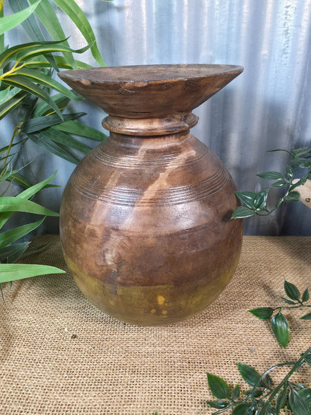 Vintage Antique Wabi Sabi Rustic Nepalese Turned Wooden Milk Water Curd Pot Vase