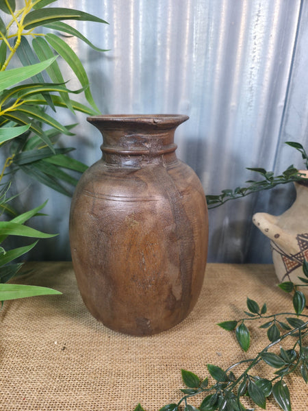 Vintage Antique Wabi Sabi Rustic Nepalese Turned Wooden Milk Water Curd Pot Vase