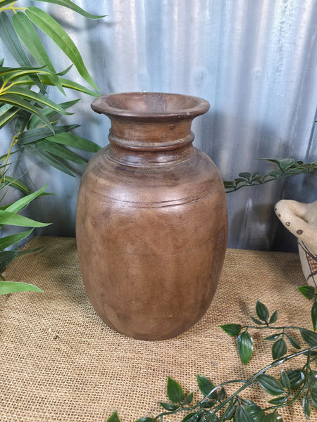 Vintage Antique Wabi Sabi Rustic Nepalese Turned Wooden Milk Water Curd Pot Vase