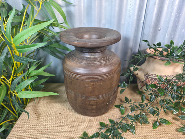 Vintage Antique Wabi Sabi Rustic Nepalese Turned Wooden Milk Water Curd Pot Vase
