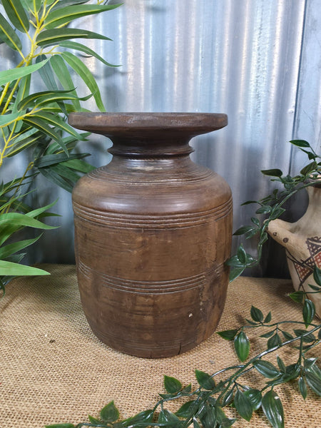 Vintage Antique Wabi Sabi Rustic Nepalese Turned Wooden Milk Water Curd Pot Vase