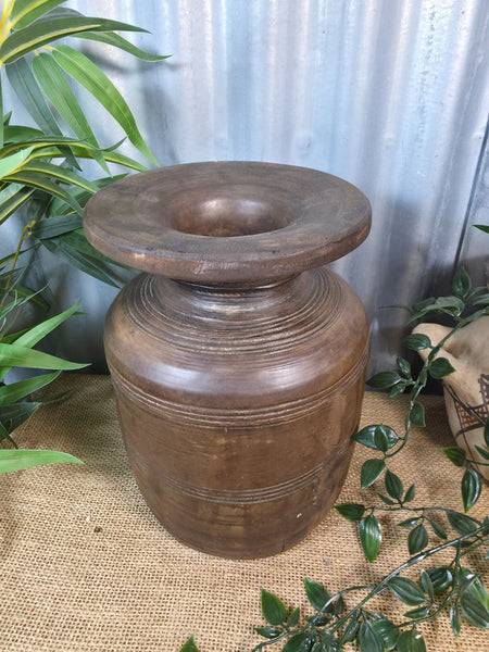 Vintage Antique Wabi Sabi Rustic Nepalese Turned Wooden Milk Water Curd Pot Vase