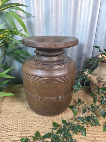 Vintage Antique Wabi Sabi Rustic Nepalese Turned Wooden Milk Water Curd Pot Vase
