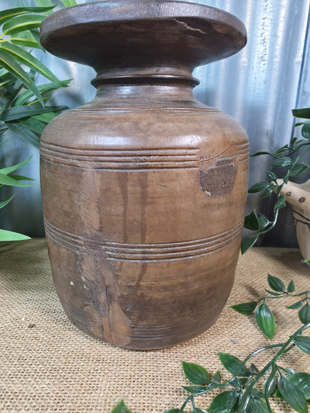 Vintage Antique Wabi Sabi Rustic Nepalese Turned Wooden Milk Water Curd Pot Vase