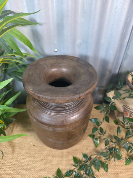 Vintage Antique Wabi Sabi Rustic Nepalese Turned Wooden Milk Water Curd Pot Vase
