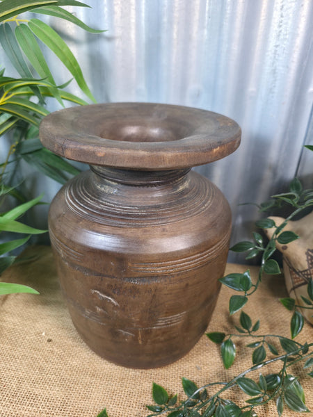 Vintage Antique Wabi Sabi Rustic Nepalese Turned Wooden Milk Water Curd Pot Vase