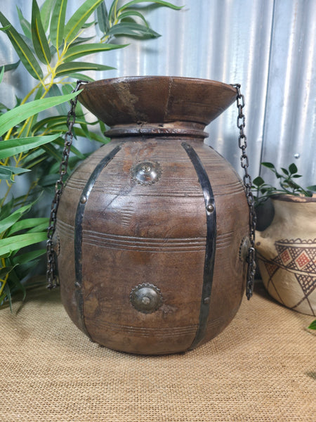 Vintage Antique Wabi Sabi Rustic Hanging Nepalese Wooden Water Curd Pot Vase