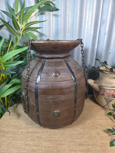 Vintage Antique Wabi Sabi Rustic Hanging Nepalese Wooden Water Curd Pot Vase