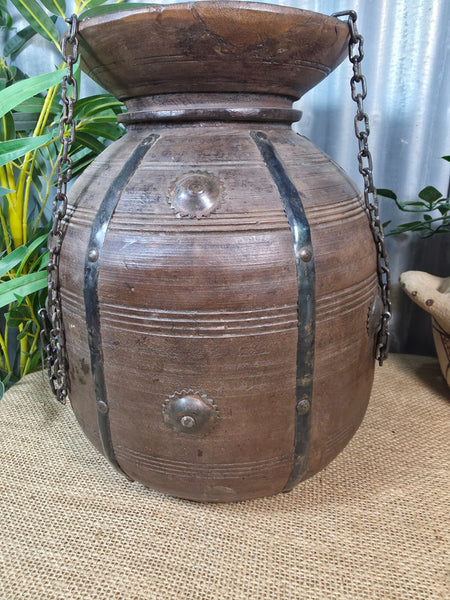 Vintage Antique Wabi Sabi Rustic Hanging Nepalese Wooden Water Curd Pot Vase