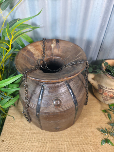 Vintage Antique Wabi Sabi Rustic Hanging Nepalese Wooden Water Curd Pot Vase