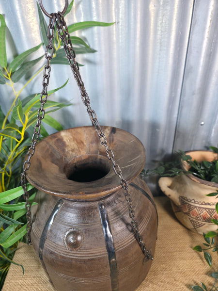 Vintage Antique Wabi Sabi Rustic Hanging Nepalese Wooden Water Curd Pot Vase