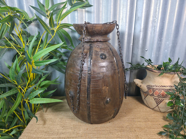 Vintage Antique Wabi Sabi Rustic Hanging Nepalese Wooden Water Curd Pot Vase