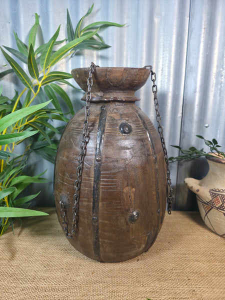 Vintage Antique Wabi Sabi Rustic Hanging Nepalese Wooden Water Curd Pot Vase