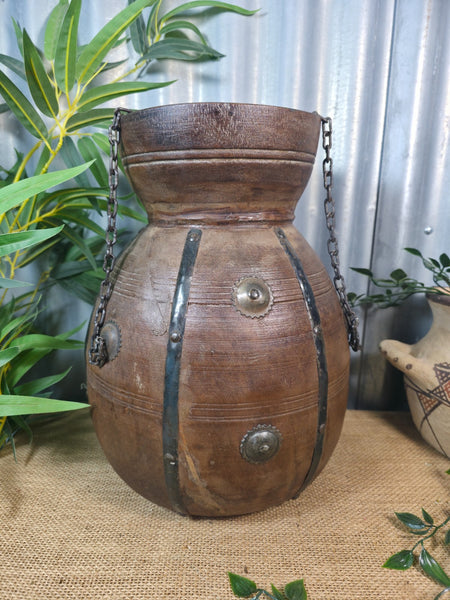 Vintage Antique Wabi Sabi Rustic Hanging Nepalese Wooden Water Curd Pot Vase