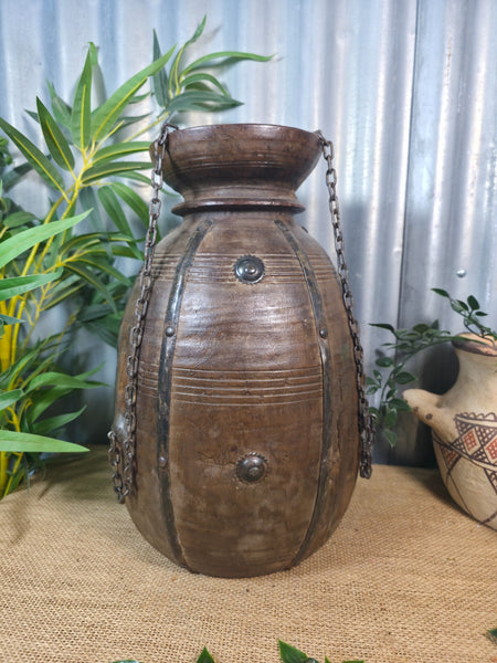 Vintage Antique Wabi Sabi Rustic Hanging Nepalese Wooden Water Curd Pot Vase