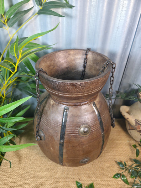 Vintage Antique Wabi Sabi Rustic Hanging Nepalese Wooden Water Curd Pot Vase
