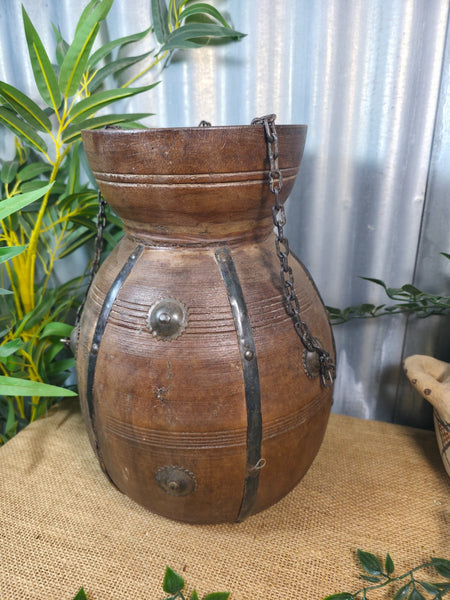 Vintage Antique Wabi Sabi Rustic Hanging Nepalese Wooden Water Curd Pot Vase
