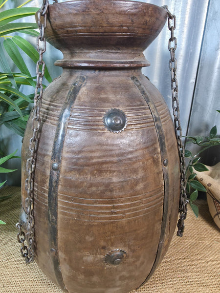 Vintage Antique Wabi Sabi Rustic Hanging Nepalese Wooden Water Curd Pot Vase