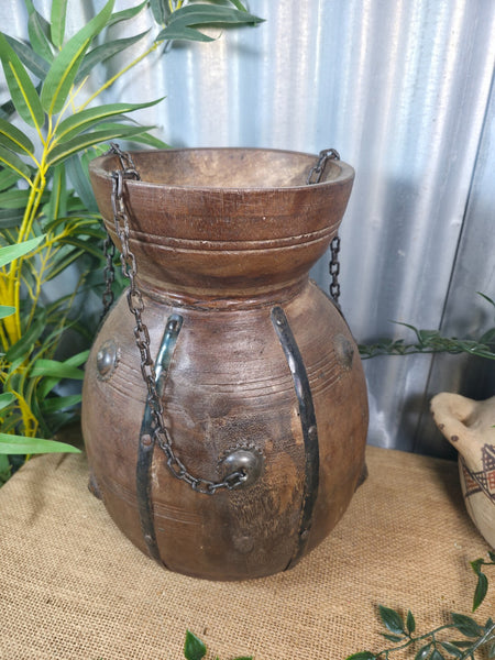 Vintage Antique Wabi Sabi Rustic Hanging Nepalese Wooden Water Curd Pot Vase