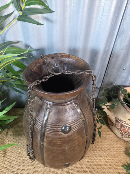 Vintage Antique Wabi Sabi Rustic Hanging Nepalese Wooden Water Curd Pot Vase