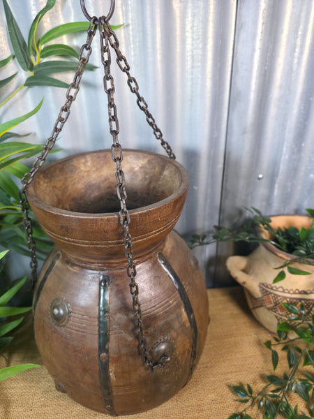 Vintage Antique Wabi Sabi Rustic Hanging Nepalese Wooden Water Curd Pot Vase
