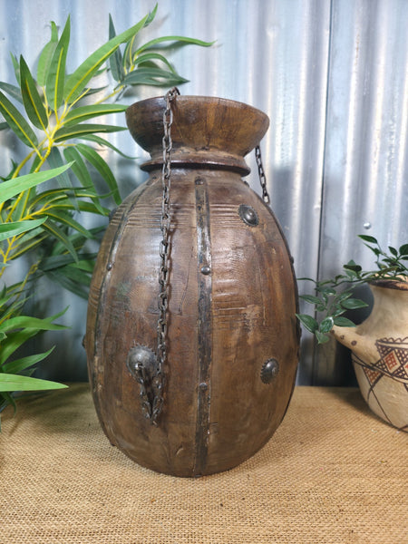 Vintage Antique Wabi Sabi Rustic Hanging Nepalese Wooden Water Curd Pot Vase