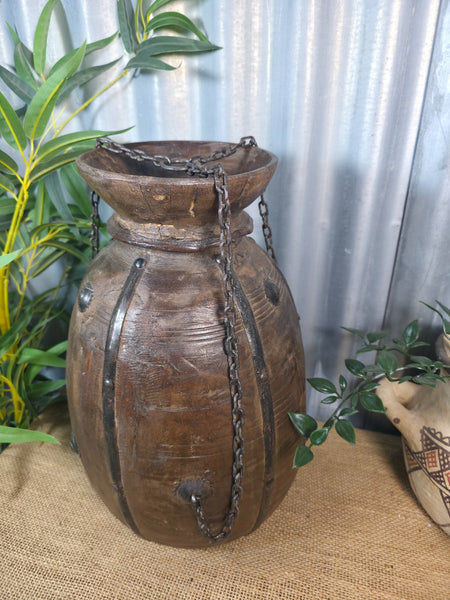 Vintage Antique Wabi Sabi Rustic Hanging Nepalese Wooden Water Curd Pot Vase