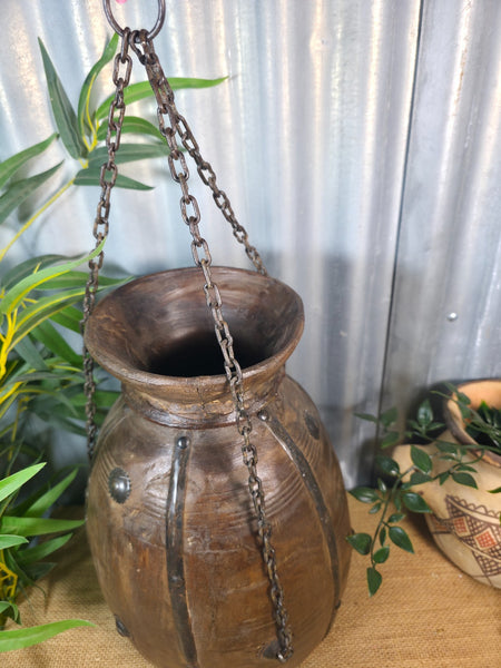 Vintage Antique Wabi Sabi Rustic Hanging Nepalese Wooden Water Curd Pot Vase