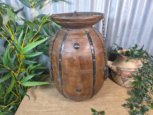 Vintage Antique Wabi Sabi Rustic Hanging Nepalese Wooden Water Curd Pot Vase