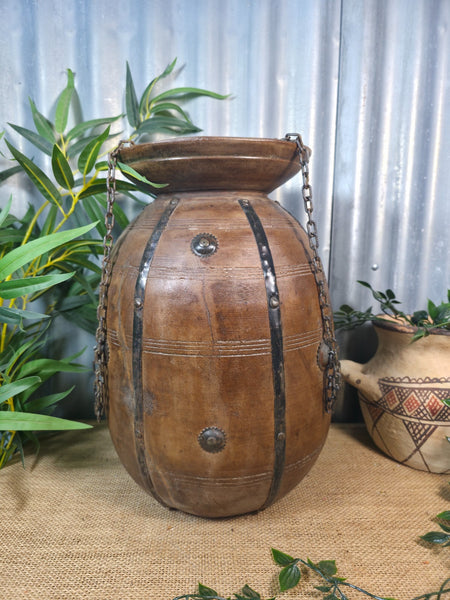 Vintage Antique Wabi Sabi Rustic Hanging Nepalese Wooden Water Curd Pot Vase