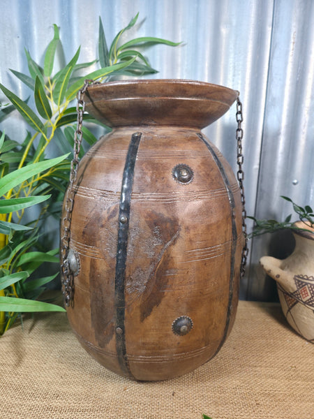 Vintage Antique Wabi Sabi Rustic Hanging Nepalese Wooden Water Curd Pot Vase