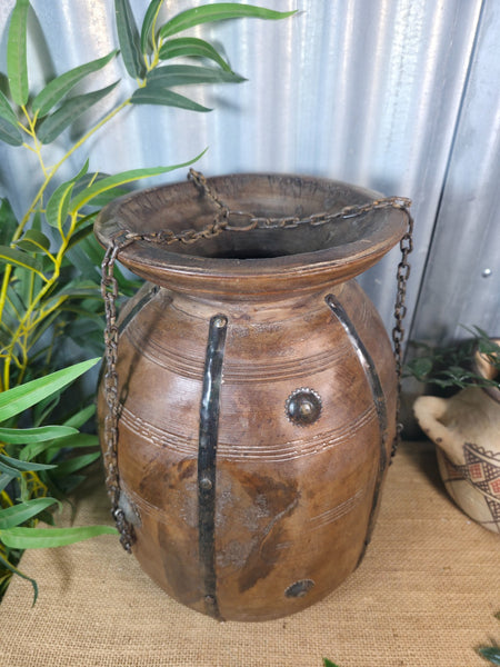Vintage Antique Wabi Sabi Rustic Hanging Nepalese Wooden Water Curd Pot Vase